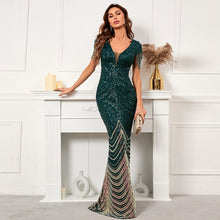 Load image into Gallery viewer, Deep V Neck Green Sequin Evening Dress
