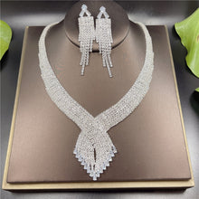 Load image into Gallery viewer, Rhinestone Tassel Long Pendant Full Crystal Necklace Earrings set
