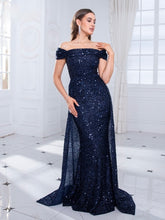 Load image into Gallery viewer, Navy Blue Off the Shoulder Dress
