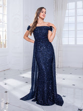 Load image into Gallery viewer, Modest Navy Blue Off the Shoulder Bridesmaids Dress
