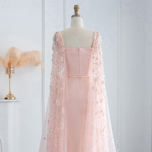 Load image into Gallery viewer, Luxury Pink 3D Flowers Mermaid Evening Dress with Cape Sleeve Crystal
