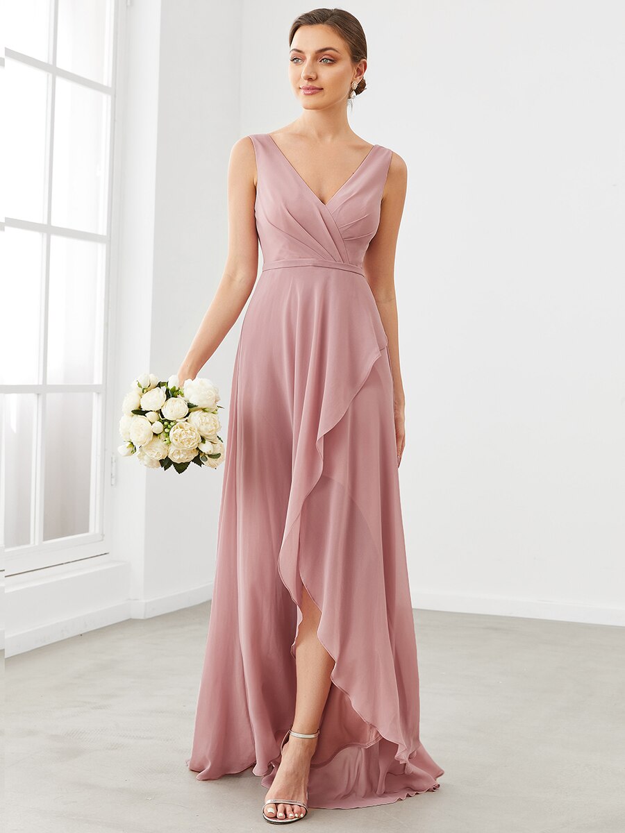 Chiffon Ruffled Hem Front Slit V-Neck Sleeveless Bridesmaid Dress