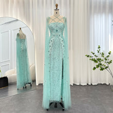 Load image into Gallery viewer, Luxury Dubai Aqua Evening Dress with Cape Sleeves Criss Cross
