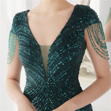 Load image into Gallery viewer, Deep V Neck Green Sequin Evening Dress
